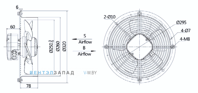 Габариты Weiguang YWF2D-250-B-92/25-R