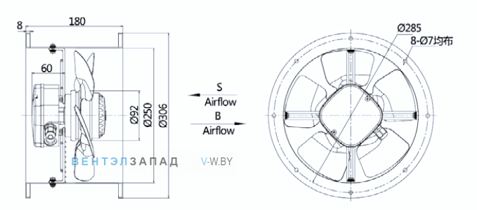Габариты Weiguang YWF2E-250-B-92/25-T
