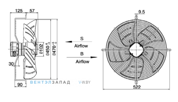 Габариты Weiguang YWF6E-450-B-102/47-G