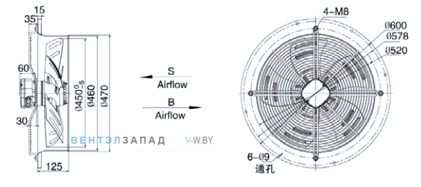 Габариты Weiguang YWF6D-450-B-102/60-R