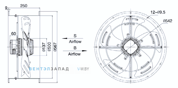 Габариты Weiguang YWF8D-500-B-137/35-T
