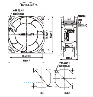 Габаритные размеры Ningbo Jiulong TG8038HAB-7P 200B