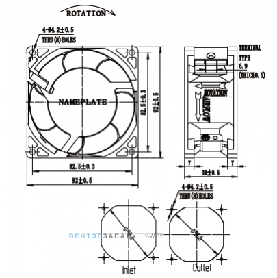 Габаритные размеры Ningbo Jiulong TG9238HAB-7P 200B