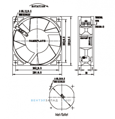 Габаритные размеры Ningbo Jiulong TG12038HAB 200B