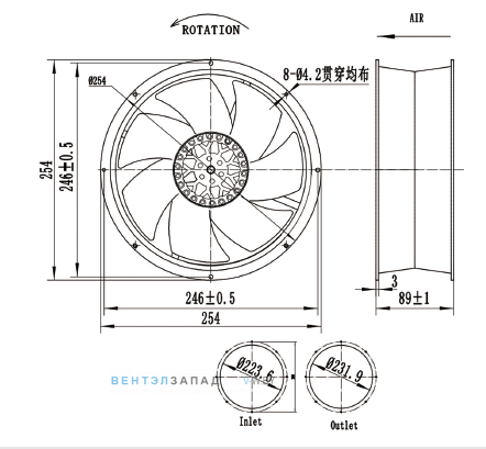Габаритные размеры Ningbo Jiulong TG25489HAB-С-7P 200B