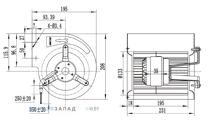 Габаритные размеры Ningbo Jiulong JS151A4E02-W 230B
