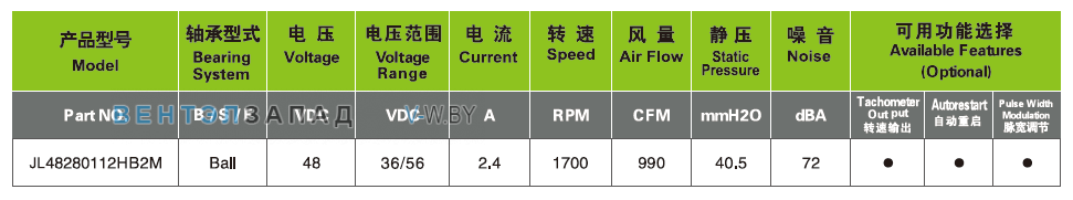 Характеристики Ningbo Jiulong JL48280112HB2 48B