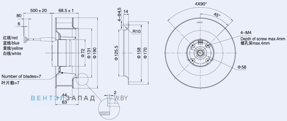 Габаритные размеры Weiguang DC072-25C3G01-B190-44P1-01