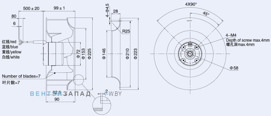 Габаритные размеры Weiguang DC072-25B3G01-B225-62P1-01