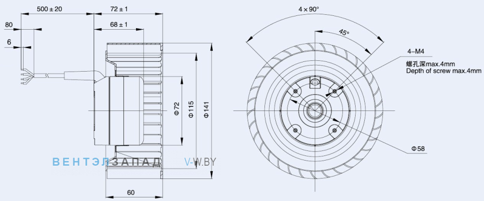 Габаритные размеры Weiguang DC072-14B3G01-FR140-60P1-01