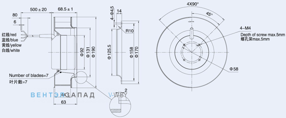 Габаритные размеры Weiguang DC092-16B3G01-B190-44P1-01