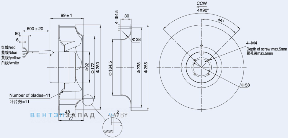 Габаритные размеры Weiguang DC092-25B3G01-B250-48S1-01