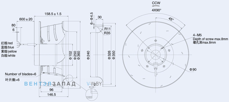 Габаритные размеры Weiguang DC102-50C3G01-B355-96A1-01