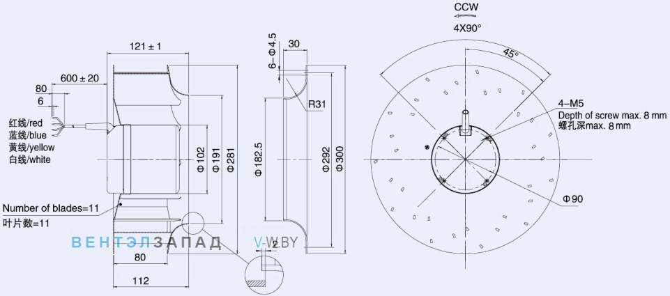 Габаритные размеры Weiguang DC102-50C3G01-B280-80S1-01