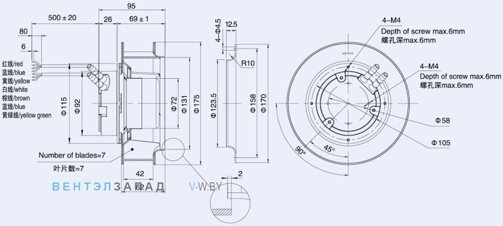 Габаритные размеры Weiguang EC072-25E3G01-B175-42P1-01