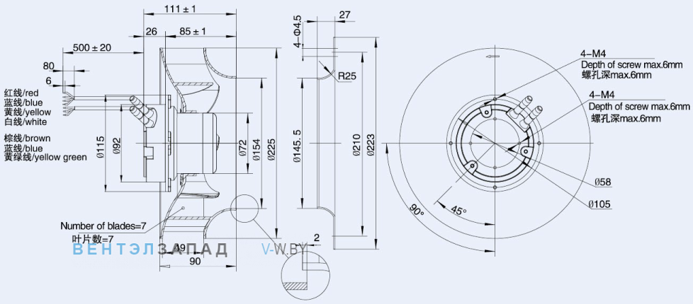 Габаритные размеры Weiguang EC072-25E3G01-B225-49P1-01