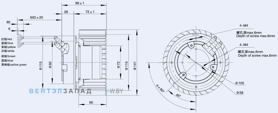 Габаритные размеры Weiguang EC072-25E3G01-FR140-60P1-01