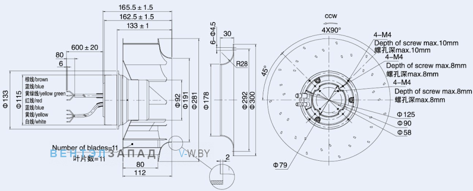 Габаритные размеры Weiguang EC092-25E3G01-B280-80S1-01