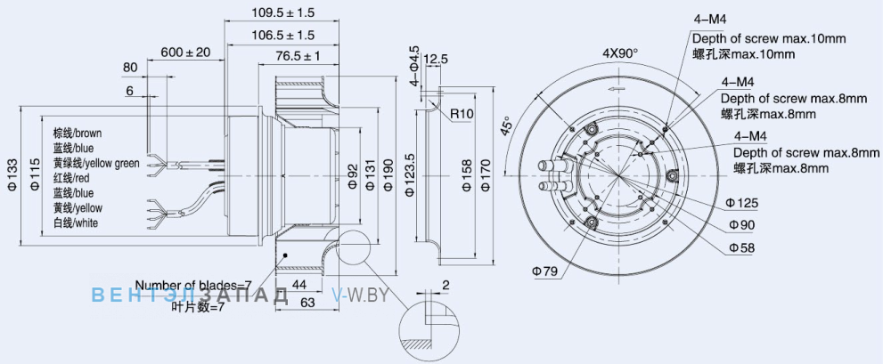 Габаритные размеры Weiguang EC092-25E3G01-B190-44P1-01