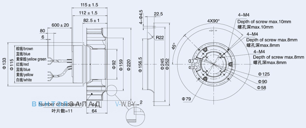 Габаритные размеры Weiguang EC092-25E3G01-B220-44P1-01