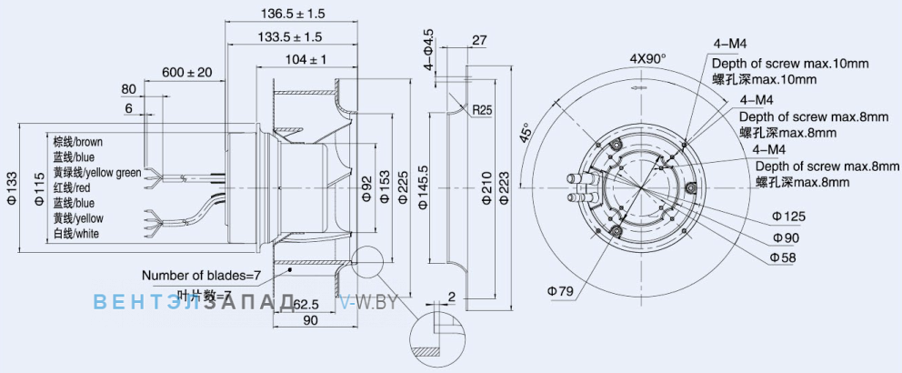 Габаритные размеры Weiguang EC092-25E3G01-B225-62P1-01
