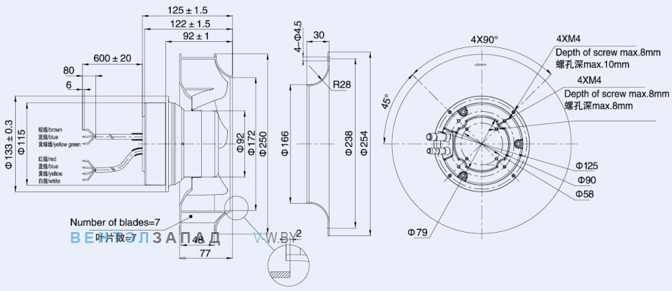 Габаритные размеры Weiguang EC092-25E3G01-B250-48S1-01