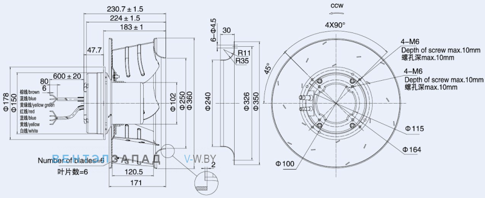 Габаритные размеры Weiguang EC102-50F3G01-B355-120A1-01