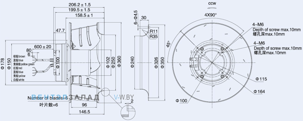 Габаритные размеры Weiguang EC102-50F3G01-B355-96A1-01