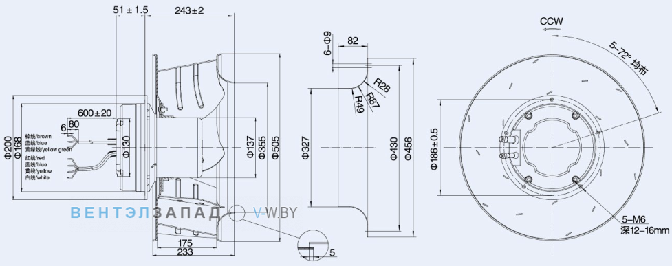 Габаритные размеры Weiguang EC137-60E3G01-B500-175A1-01