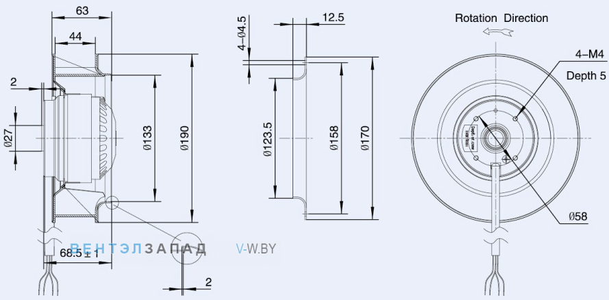 Габаритные размеры Weiguang LXFB2E190-44-P92-15