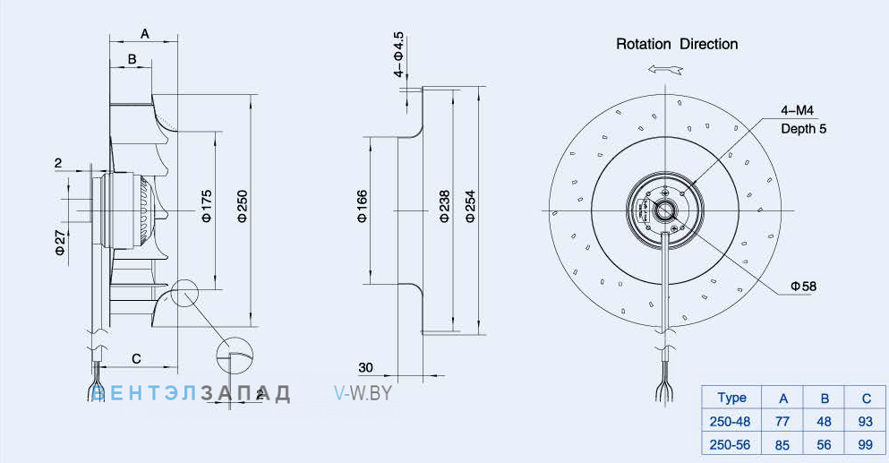 Габаритные размеры Weiguang LXFB2E250-48-M92-35
