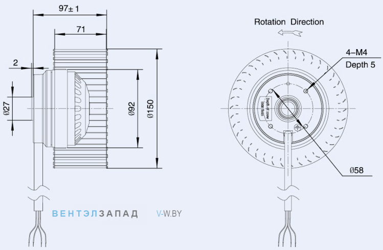Габаритные размеры Weiguang LXFF2E150-70-M92-35 115V