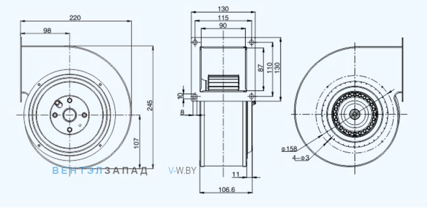 Габаритные размеры Sanmu YWF(K)2E160-GQ-R
