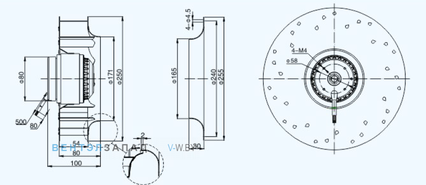 Габаритные размеры Sanmu YWF(K)4E250-GH