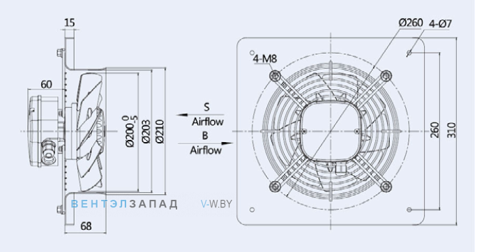 Габаритные размеры Weiguang YWF2E-200S-92/15-BO