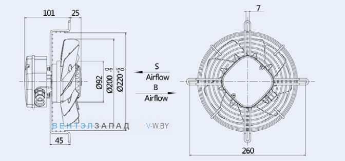 Габаритные размеры Weiguang YWF4D-200S-92/15-G
