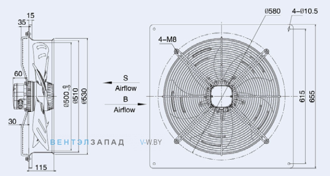 Габаритные размеры Weiguang YWF4E-500S-137/35-B0