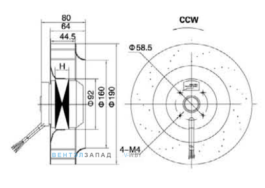 Габаритные размеры YWF-2E-92/15-B-L190/44