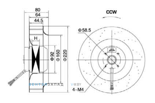 Габаритные размеры YWF-2E-92/25-B-L220/44