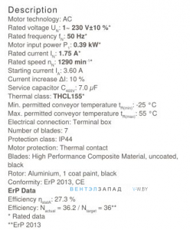 Рабочие параметры Ziehl-abegg FN045-4ED.2F.A7P2