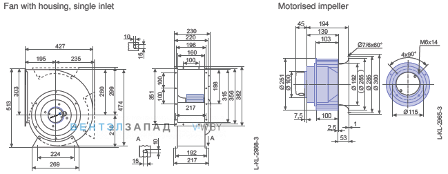 Ziehl-abegg RG25P-4DK.4I.1R размеры и исполнение вентилятора и рабочего колеса