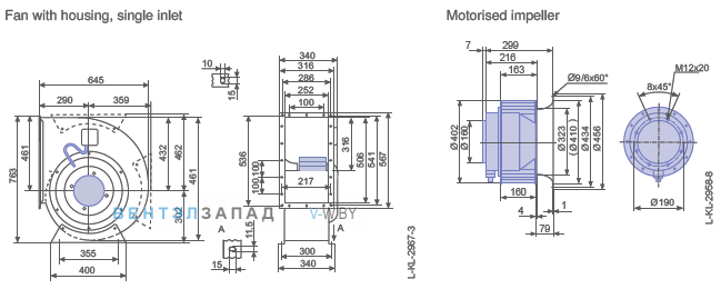 Ziehl-abegg RG40P-4DK.7Q.1R размеры и исполнение вентилятора и рабочего колеса