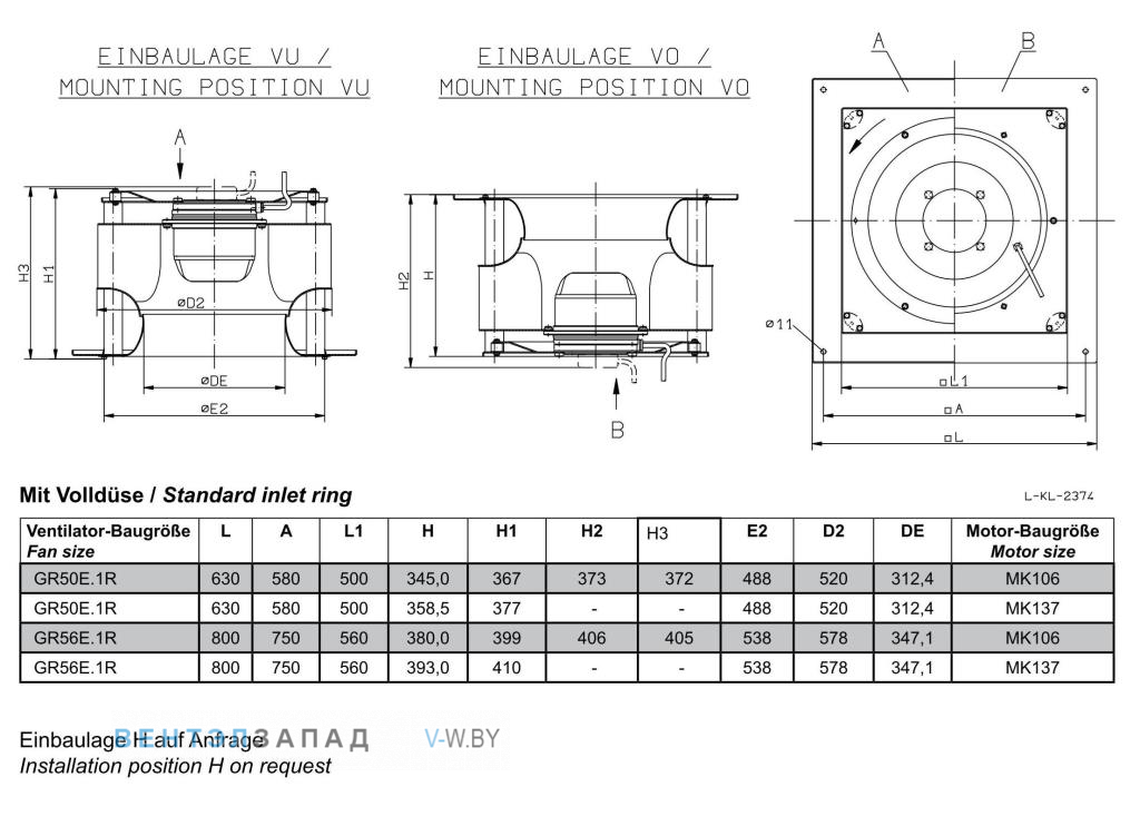 Габаритные размеры и исполнение Ziehl-Abegg GR56E