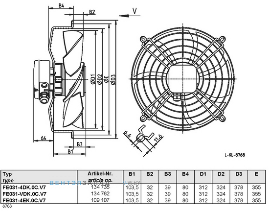 Ziehl-abegg FE031-VDK.0C.V7 размеры, исполнение, направление потока, подключение