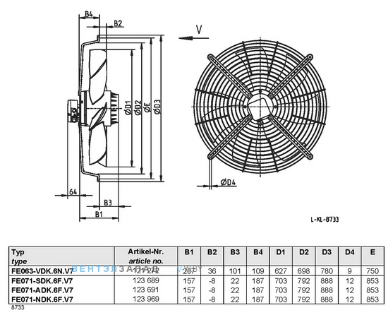 Ziehl-abegg FE080-ADK.6N.V7 размеры, исполнение, направление потока, подключение