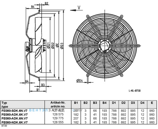 Ziehl-abegg FE080-SDK.6N.V7 размеры, исполнение, направление потока, подключение