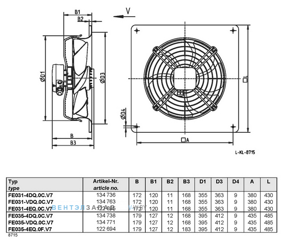 Ziehl-abegg FE035-4EQ.0F.V7 размеры, исполнение, направление потока, подключение