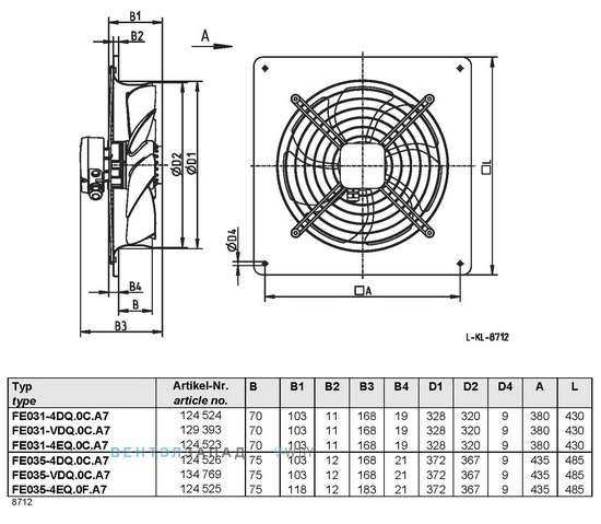 Ziehl-abegg FE035-4EQ.0F.A7 размеры, исполнение, направление потока, подключение