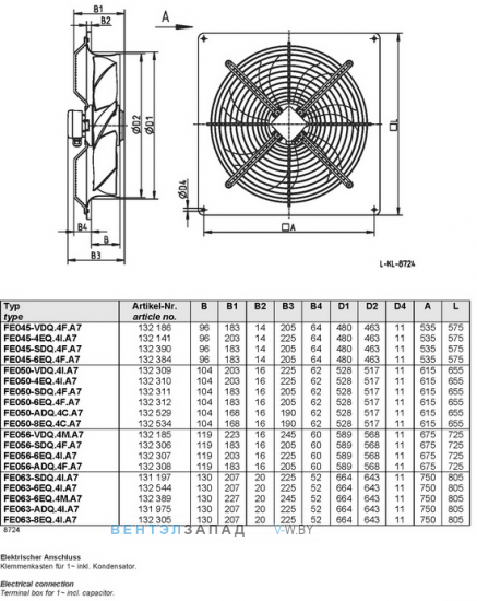 Ziehl-abegg FE045-4EQ.4I.A7 размеры, исполнение, направление потока, подключение