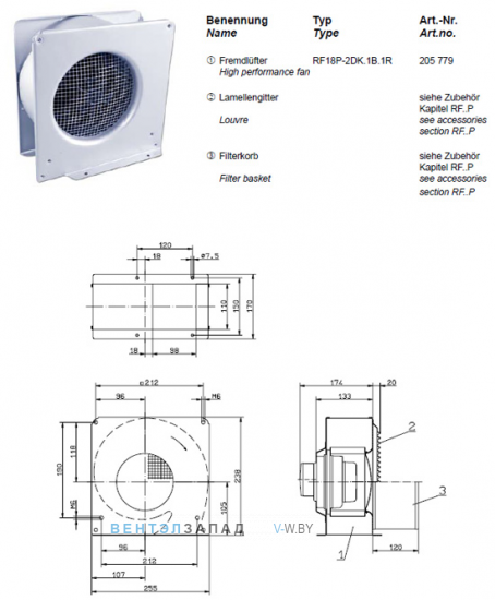 Габаритные и присоединительные размеры, исполнение, артикул Ziehl-abegg RF18P-2DK.1B.1R